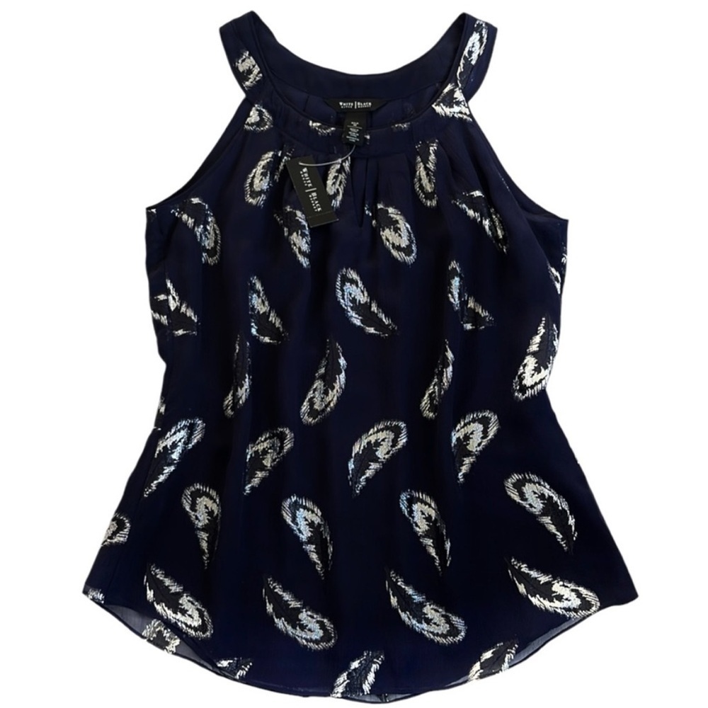 NWT White House Black Market Skyfall Feather Silk Blend Top Navy Silver Medium